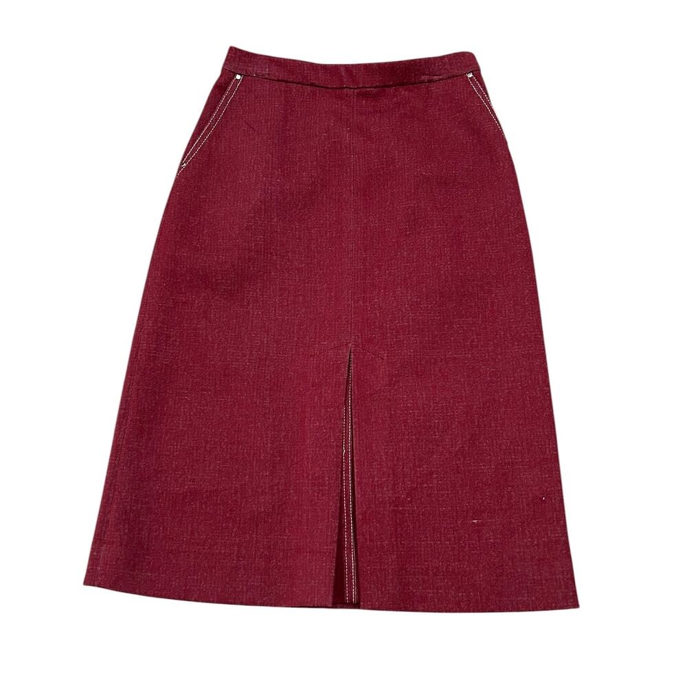 Vintage 60s Western Burgundy A-Line Midi Skirt Pockets Size Small -